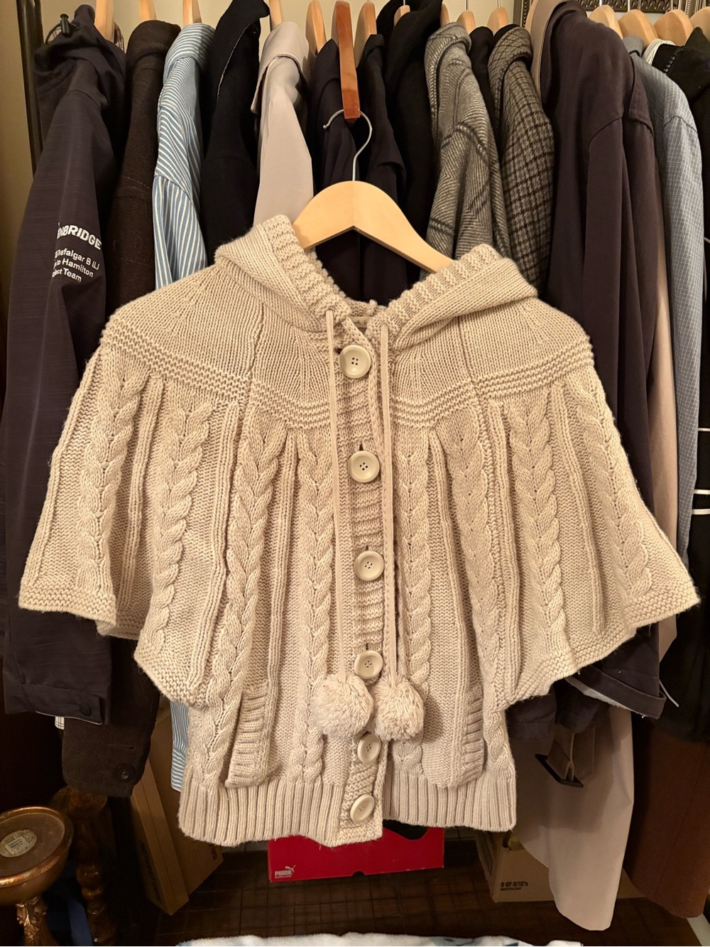 Cable Knit Hooded Cape Sweater in Cream